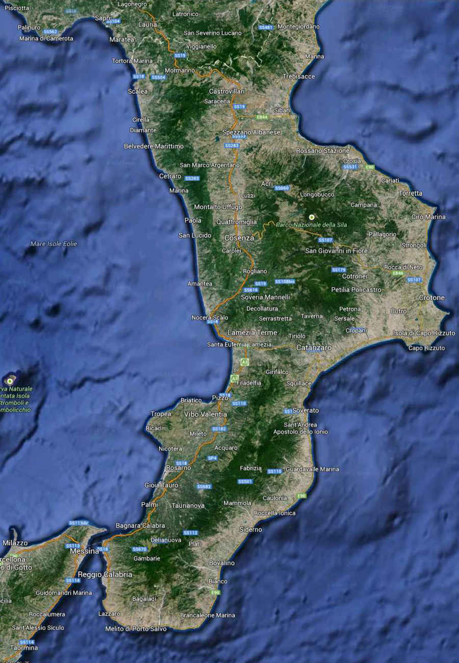 Calabria South Italy Map (Kindly in use by GoogleMaps)